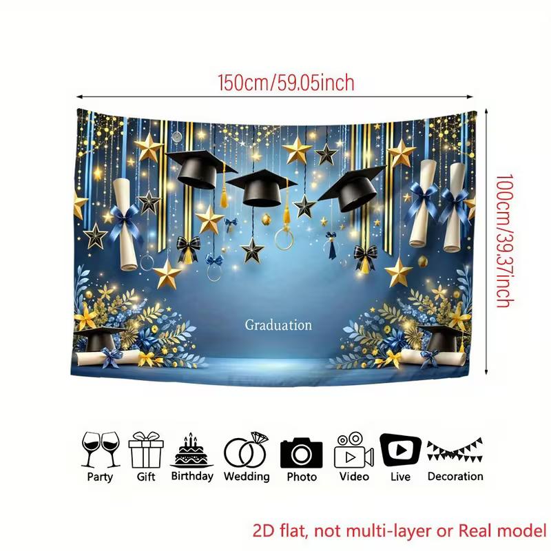 2D Graduation Photography Backdrop Blue Gold Cap and Scroll Party Background