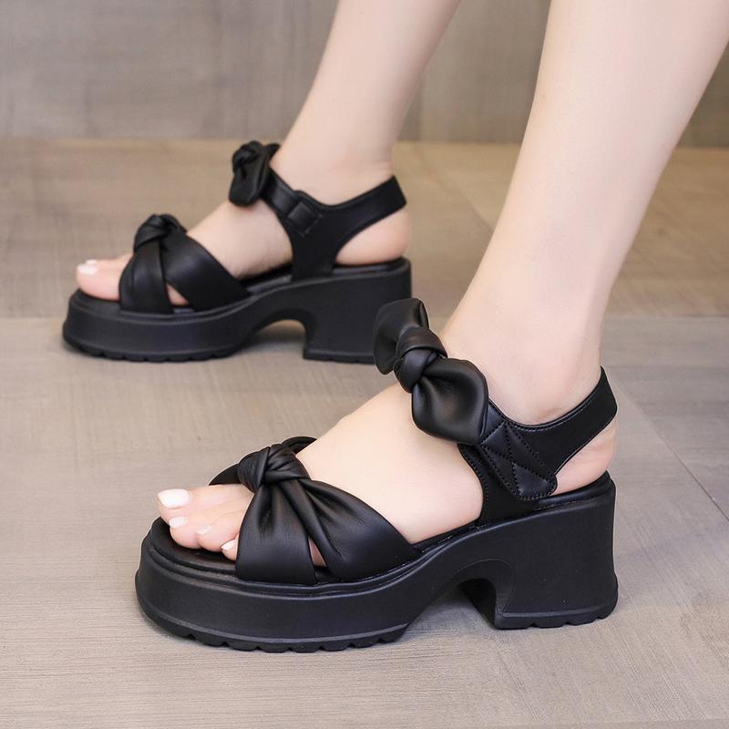 Women's Shoes Outdoor One Word Sandals for Woman Roman Style Black Bow Footwear Summer 2025 Platform with Youthful Emo Offer