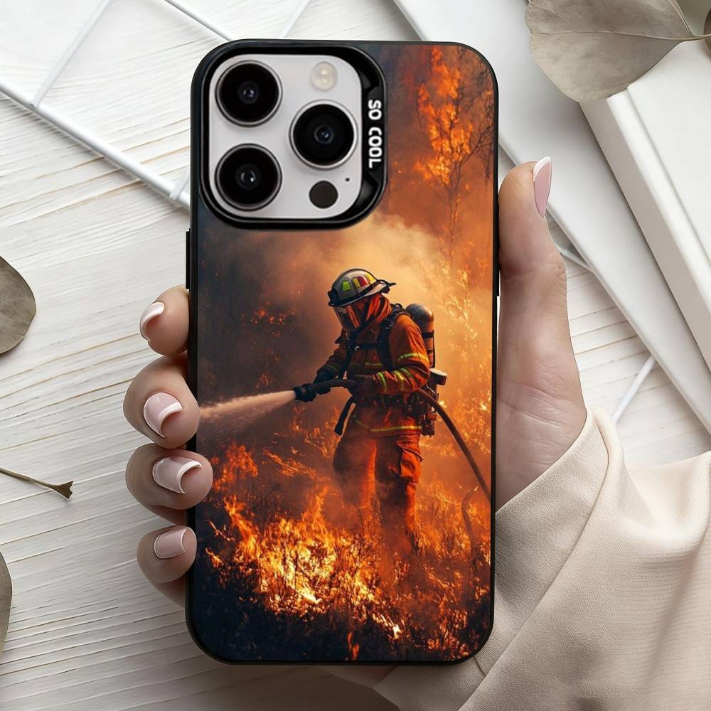 Fire Disaster Firefighter Phone Case For iPhone17,16,15,14,13,12,11 Plus,Pro Max Black Candy Silver Plated Cover