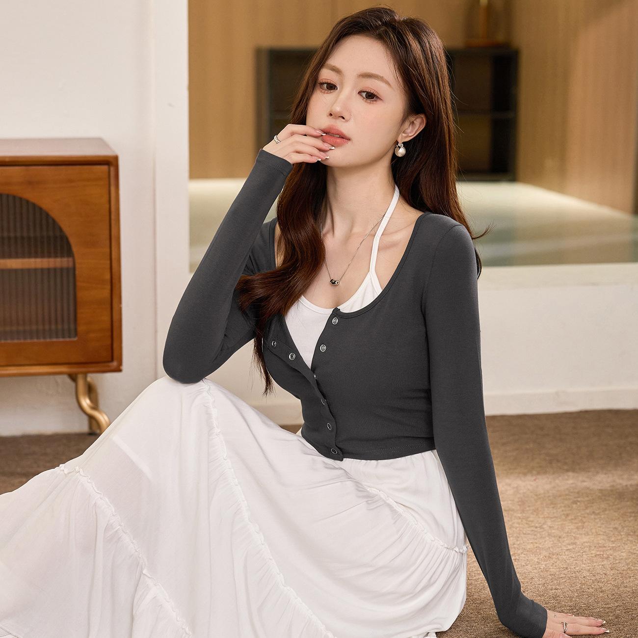 

Поддельные два Pure Want To Hang Neck футболка женская с длинным рукавом Spice Girl с высокой талией короткая укороченная рубашка на пуговицах топ XL