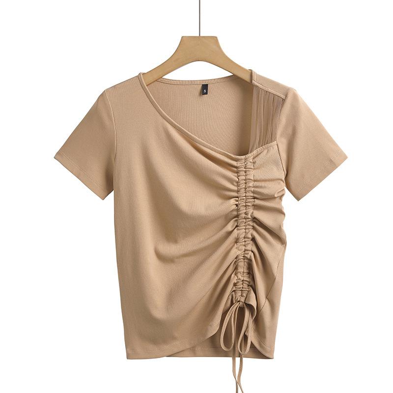 

Весенняя и летняя одежда 2024, сетчатый сетчатый воротник со складками и складками, модная женская футболка с короткими рукавами, корейская облегающая футболка XXXL хаки