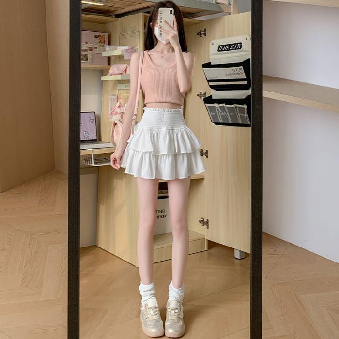 White chiffon cake skirt women's summer small high waist thin sweet lotus leaf edge a word puffy skirt