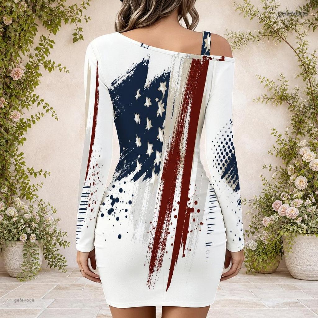 Women Plus Size One Shoulder Long Sleeve Star Stripe Printed Bodycon Mini Dress