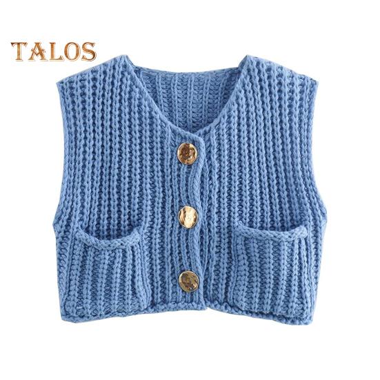 

Женский свитер-жилет с V-образным вырезом, без рукавов, на пуговицах, кардиган с карманами, однотонный, свободный крой, вязаный крючком топ L