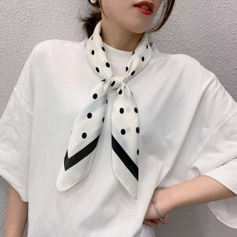 Women's Polka Dot Small Square Scarf: Silk-like Satin Fabric Fashionable Versatile Necktie & Scarf for Spring & Autumn