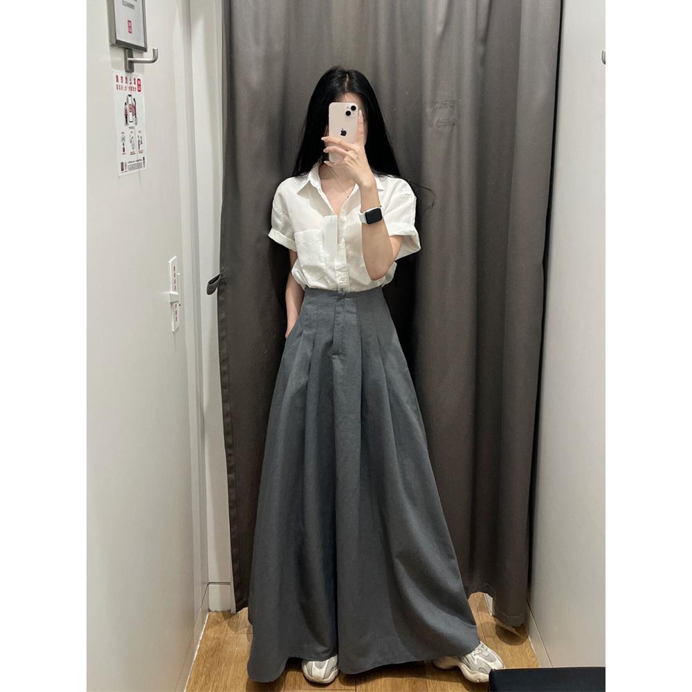 Women's Chic Hong Kong Salt-Style Two-Piece Set: Short-Sleeve Shirt & Midi Skirt for Spring/Summer.