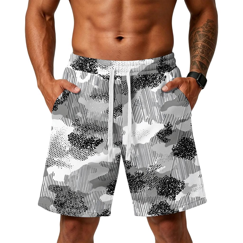 Herren Locker geschnittene Camouflage Print Sportliche Trainings-Fitnessstudio Strandshorts mit Kordelzug Taille und Taschen für Sportaktivitäten
