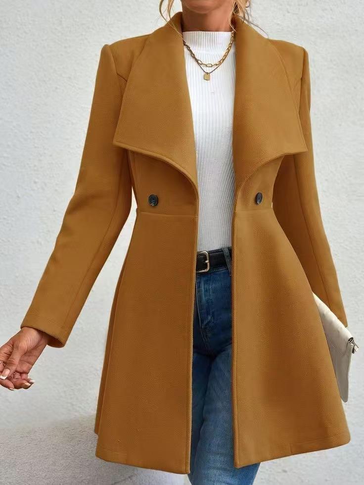 European Autumn/Winter Slim Fit Mid-length Woolen Coat for Women - Elegant Lapel Style