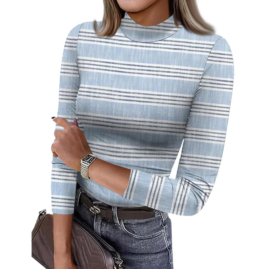 Women's Slim Bottom T-shirt Fashion Casual Stripe Printing Round Neck Pullover 3/4 Sleeve Top