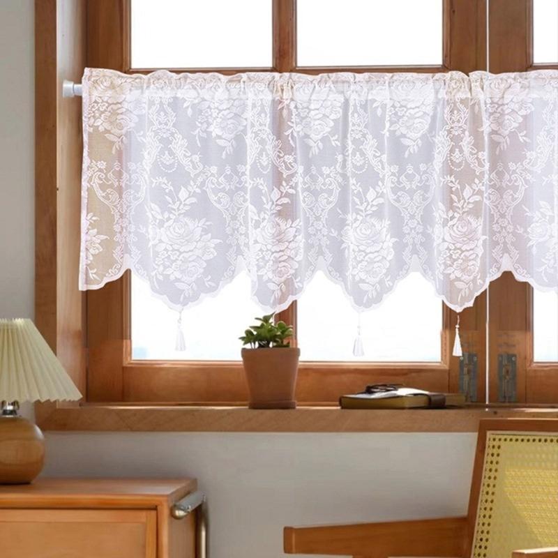 Polyester Lace Window Curtain Elegant Tasseled Lace Weaving Designing Curtains to Any Space Decoration Short Drape