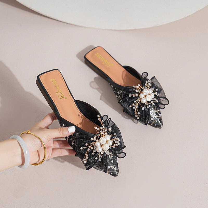 Fashion Cover Toe Big Size Shoes Low Slippers Flat Slides Slipers Women 2025 Pointed Fabric Hoof Heels Bling Rubber PU Silk Shoes Womens