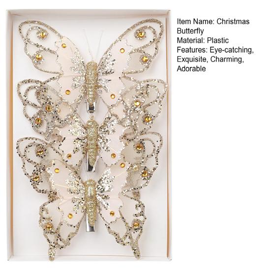 3 Pcs Glitter Sequins Butterfly Ornament Artificial Butterfly Christmas Decoration with Clips for Christmas Tree Wreath Holiday Decoration
