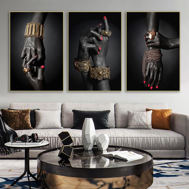 Goldschmuck und Hände, Leinwandgemälde, schwarze Frauenhand, Poster und Drucke, afrikanische Wandkunst, Bilder für moderne Heimdekoration, Wandbild