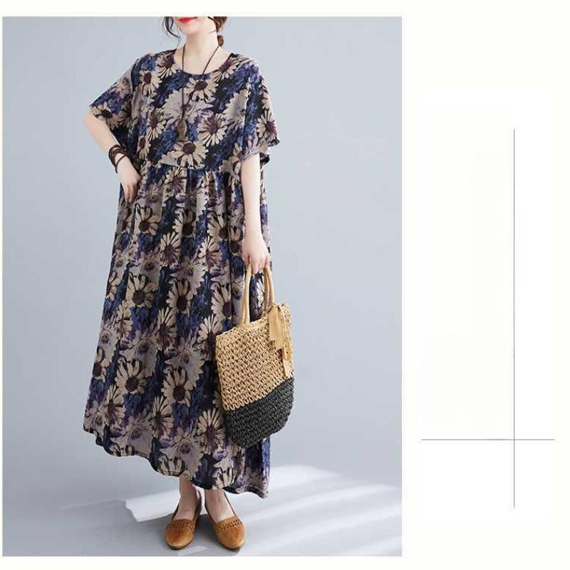 Loose and Fashionable Printed Cotton Linen Short Sleeved Casual Dress