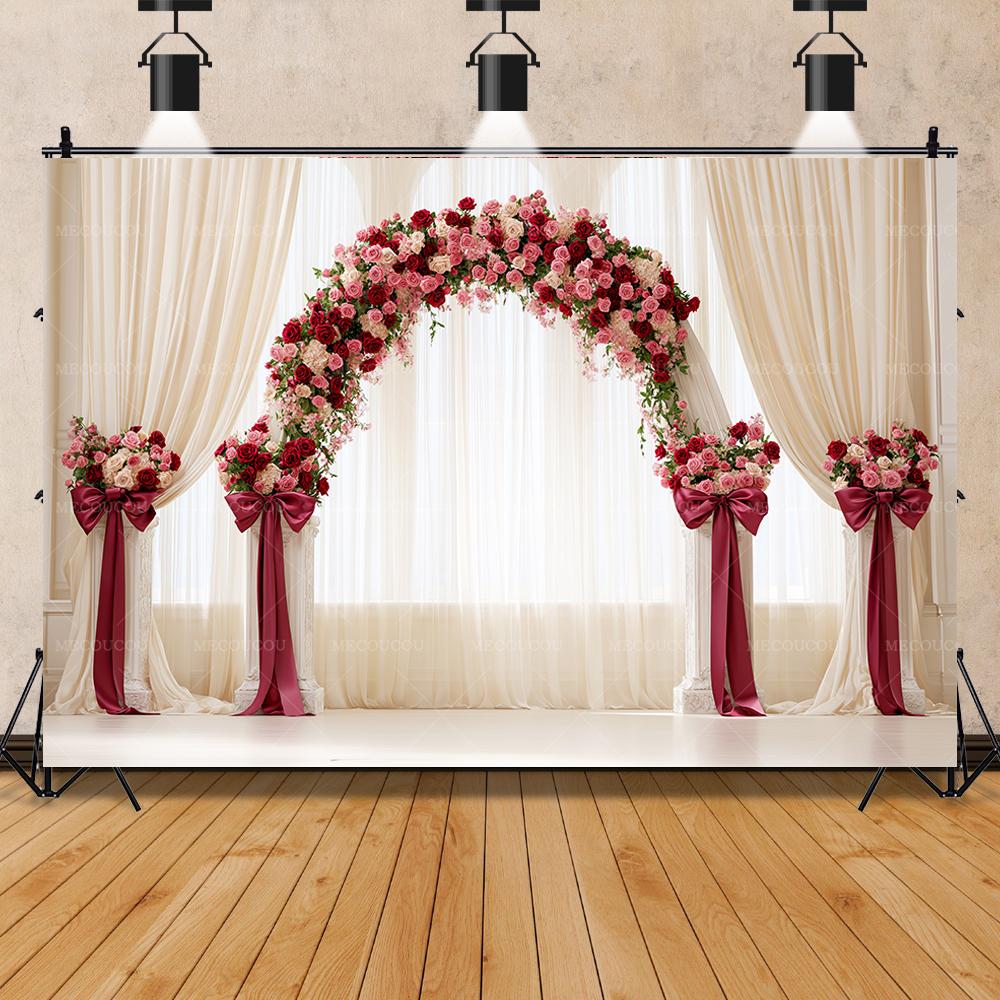 Floral Bow Wedding Scene Background Suitable for Wedding Photo Studio Shooting Background Birthday Party Baby Shower Decoration