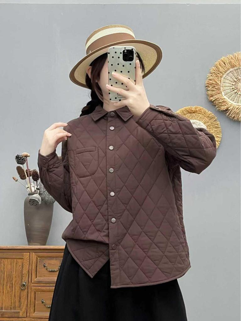 Women's Loose Fit Plaid Padded Cotton Jacket - Winter Diamond Pattern