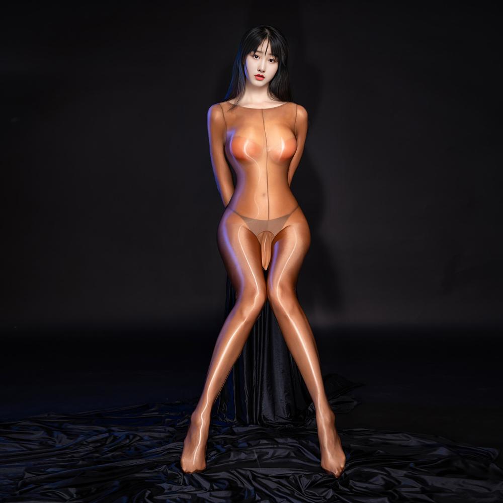Sexy Women Full Cover Maid Tights Glossiness Elastic Bodysuit Rompers Sheer See Through Bulge Pouch Leotard One Piece Thong