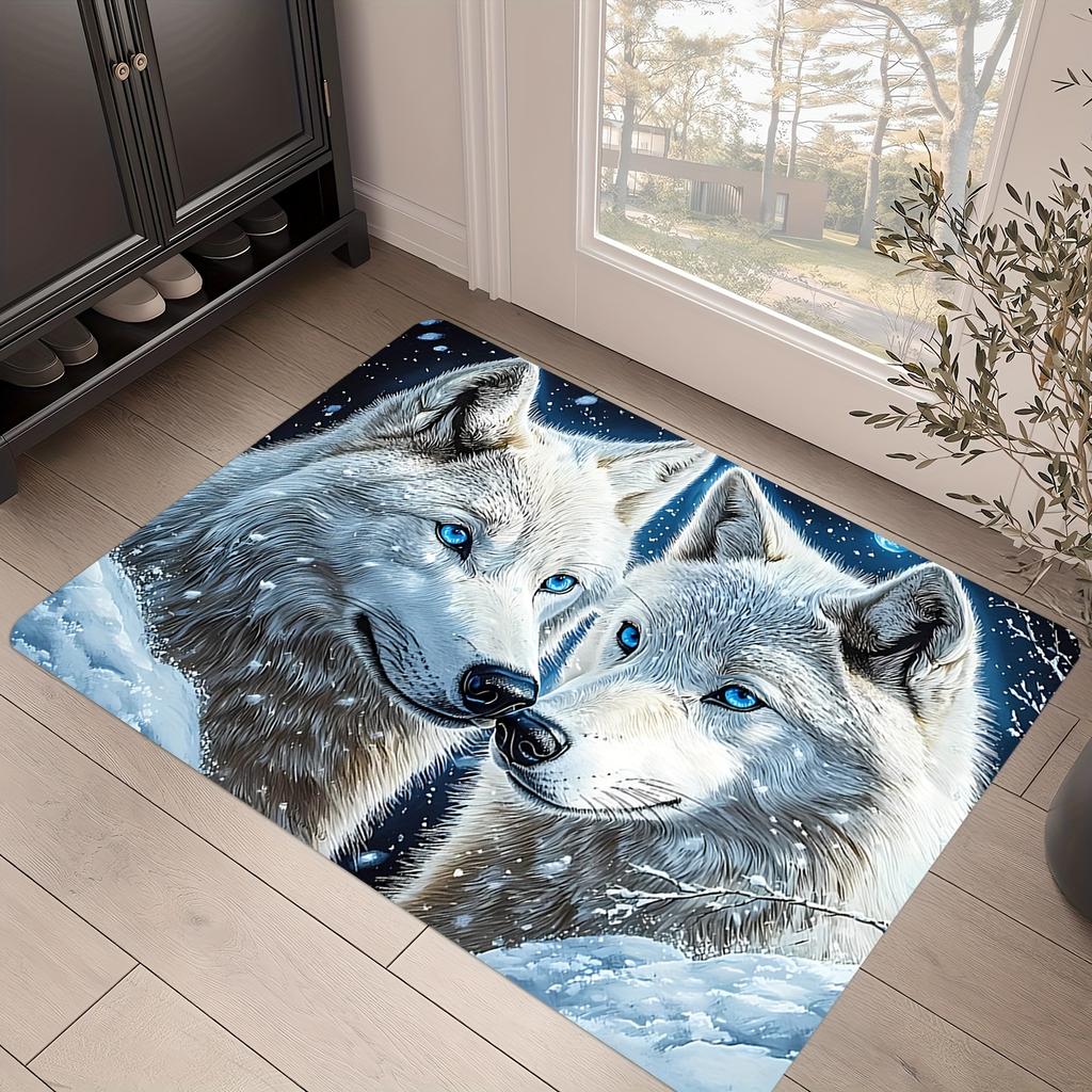 Decorative Wolf Pair Rug Mat for Living Room Hallway Snowy Winter Animal Decor Nordic Boho Home Carpet