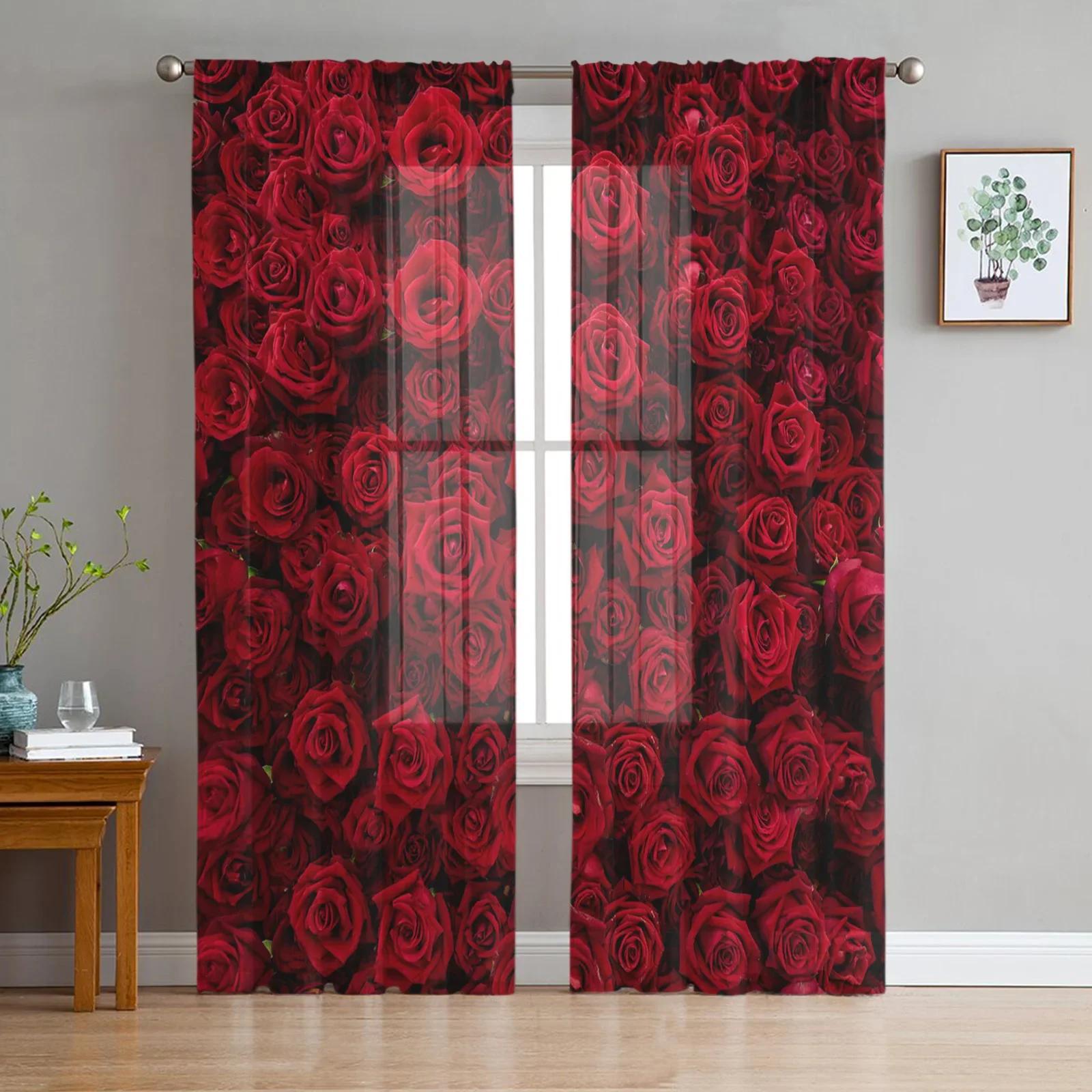 

Rose Flower Abstract Style Tulle Curtains for Living Room Print Sheer Sheer Fabric Curtain Bedroom Window Screening Drapes Blinds Home Decor W135 x H115cm x1&Rod Pocket