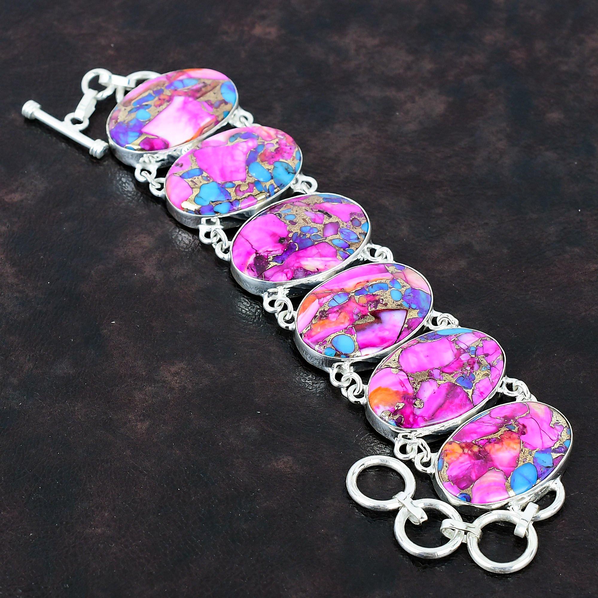 

Натуральный браслет Kingman с розовым георгином и бирюзой, браслет из стерлингового серебра 925 пробы, регулируемый браслет-цепочка, ювелирные изделия ручной работы из драгоценных камней, подарок для нее Adjustable