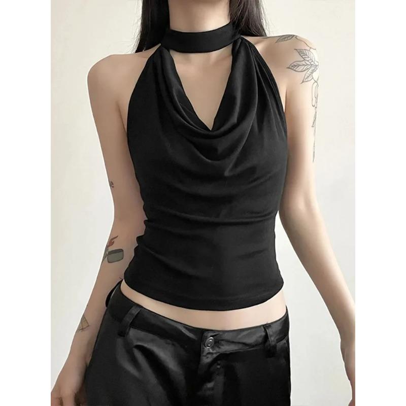 Y2K Caldo Emo Estate Donne Gyaru Acubi Streetwear Sexy Casual Nero Bianco Grunge Senza Maniche Schiena Nuda Halter Gilet Crop Top Vestiti