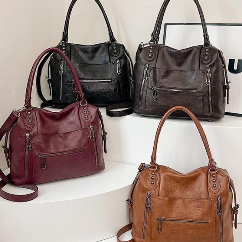 New Retro Style Multi-bag Handbag Large Capacity Soft Washed Leather Messenger Bag Solid Color Tote Bag