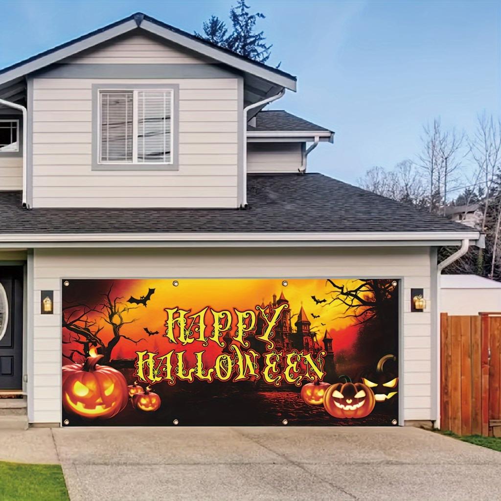 Outdoor sunset pumpkin and ghost castle designed Halloween garage door banner - holiday wall decoration for holiday cele