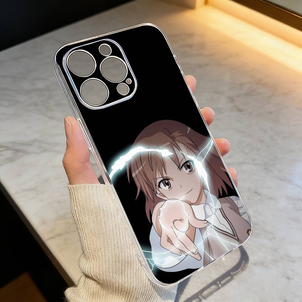 Misaka Mikoto Railgun Electric Warning Style Phone Case For iPhone 17 16 15 14 13 12 11 Mini Pro Max Plus Transparent Cover