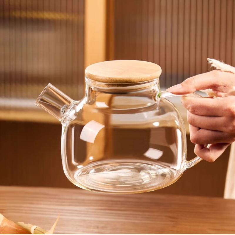 1000ML Transparent Glass Elegant Water Jugs With Wooden Cover Kitchen Coffee Pot Coffeeware Teaware Beverage Dispenser