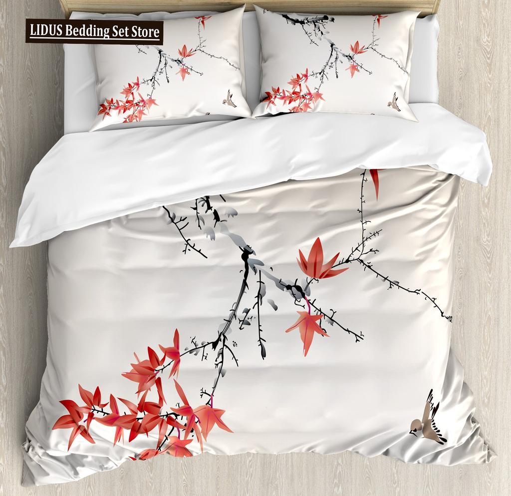 Japanese Duvet Cover Set,Branch Of A Flourishing Sakura Tree Flower Cherry Blossoms Spring Theme Art Japan Bedding Set Full Size