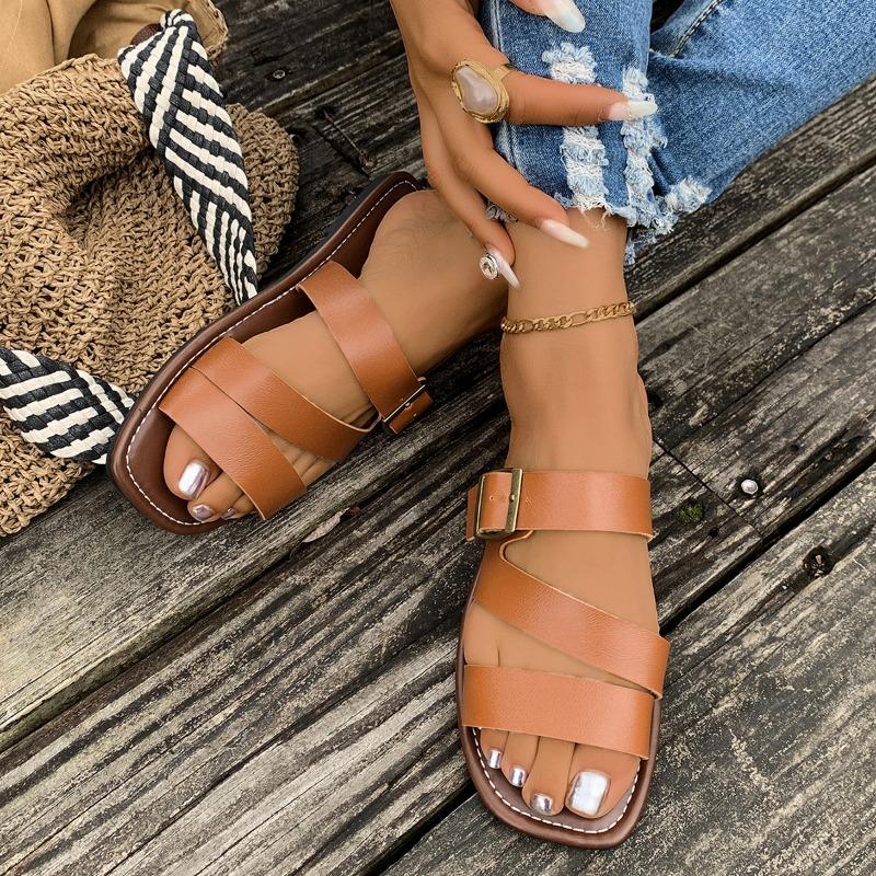 Women's Buckle Flat Slipper Peep Toe Retro Style Beach Sandal