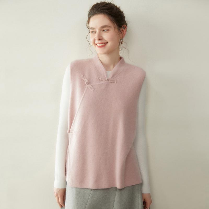 Women's Cashmere Knit Shawl Vest - Autumn/Winter Chinese Style with Slanted Lapel and Elegant Design