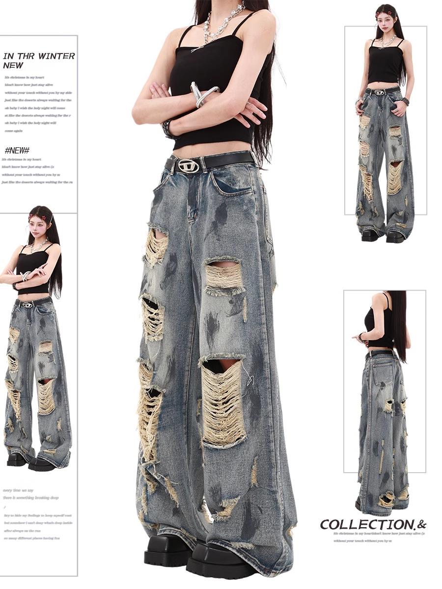 

Plus Size Retro Splatter Paint Ripped Wide-Leg Jeans for Women L синий