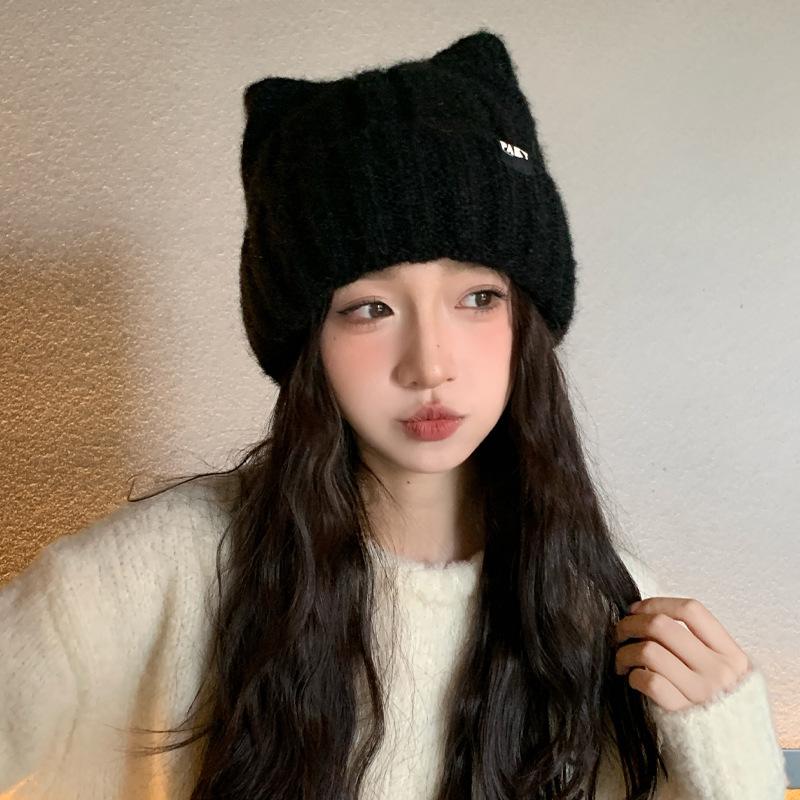 Winter Warm Cat Ear Knitted Beanies Korean Style Soft Wool Hats Cozy Chic Slouchy Windproof Stretchy Fashion Headwear For Women
