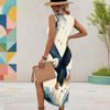 Women Plus Size U Neck Sleeveless Starry Printed Dress Red Blue White High Side Slit Curved Hem