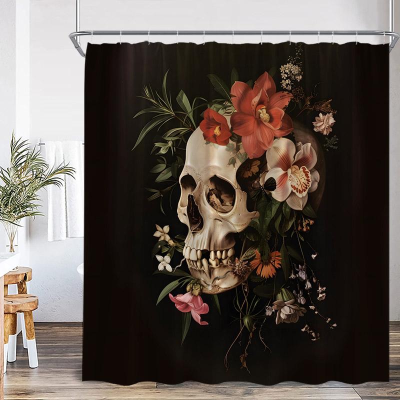 Floral Skull Shower Curtain Blue White Flowers Skeleton Horror Halloween Bath Curtains Polyester Black Bathroom Decor with Hooks