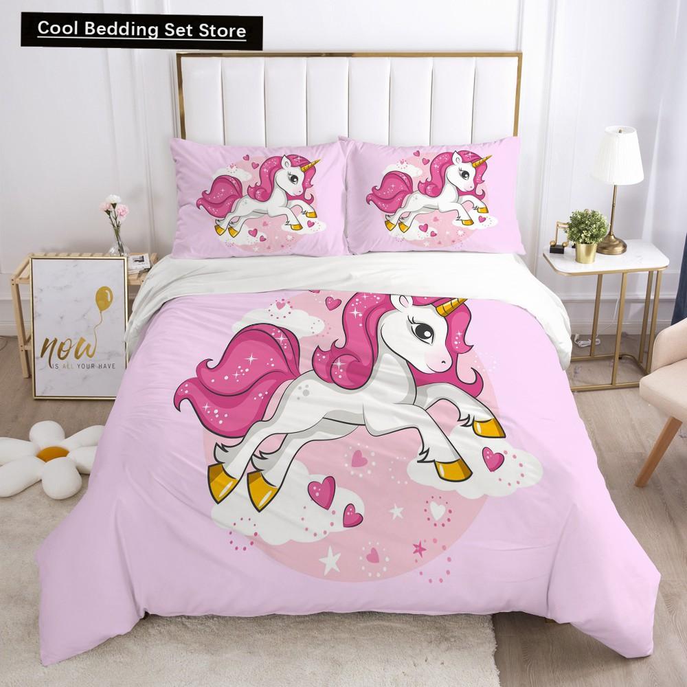 Children Kids Baby Pink Bedding Set Queen King Cartoon Unicorn White Duvet Cover Twin Full Colorful 2/3pcs Polyester Quilt Cover