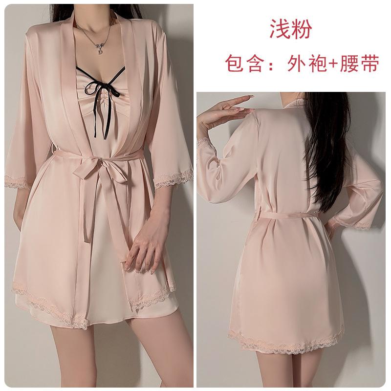 Women's Silky Deep V Push Up Padded Slim Cami Dress with Robe Lounge Set