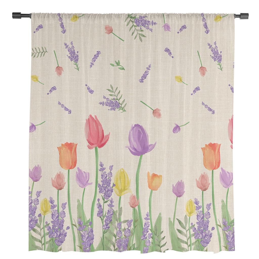 Plante Tulip Lavendel Blomst Skjøre Vinduskardiner For Stue Kjøkken Barnerom Voile Hengegardin