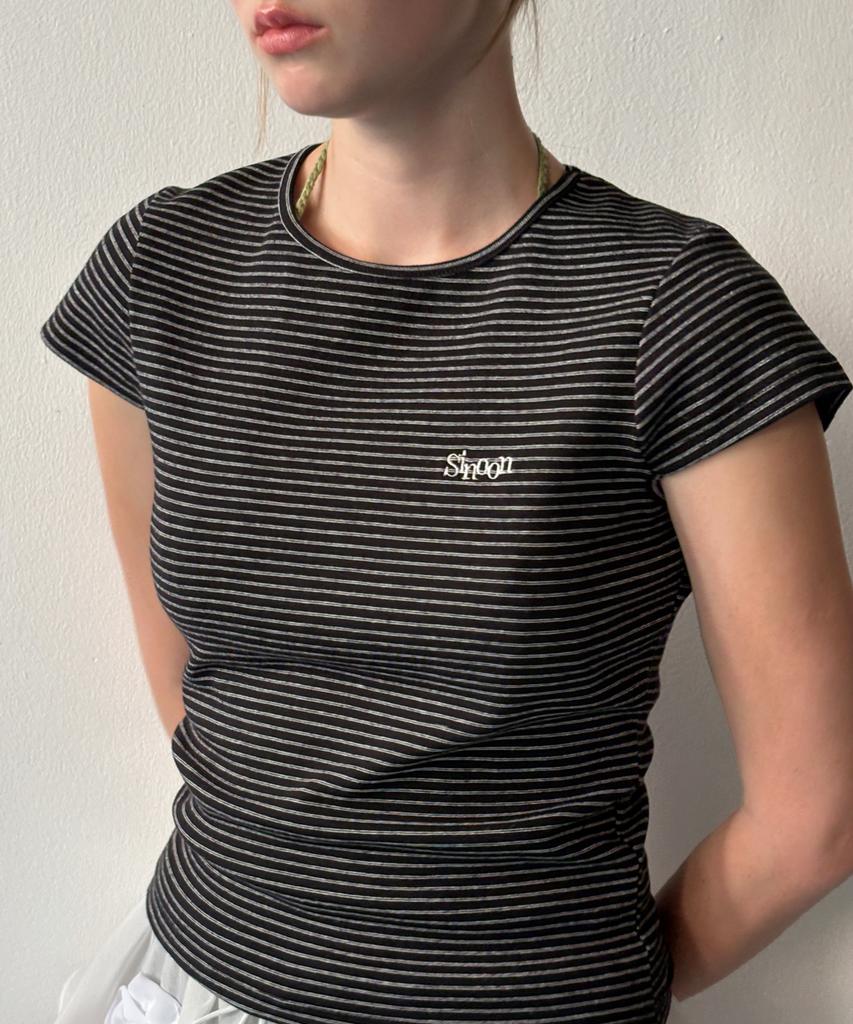 SINOON Stripe Cap Sleeve T-Shirt (Black)