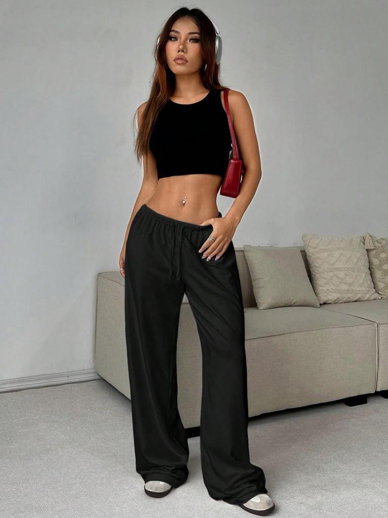 European & American Women's Solid Color Elastic Waist Wide-Leg Casual Pants