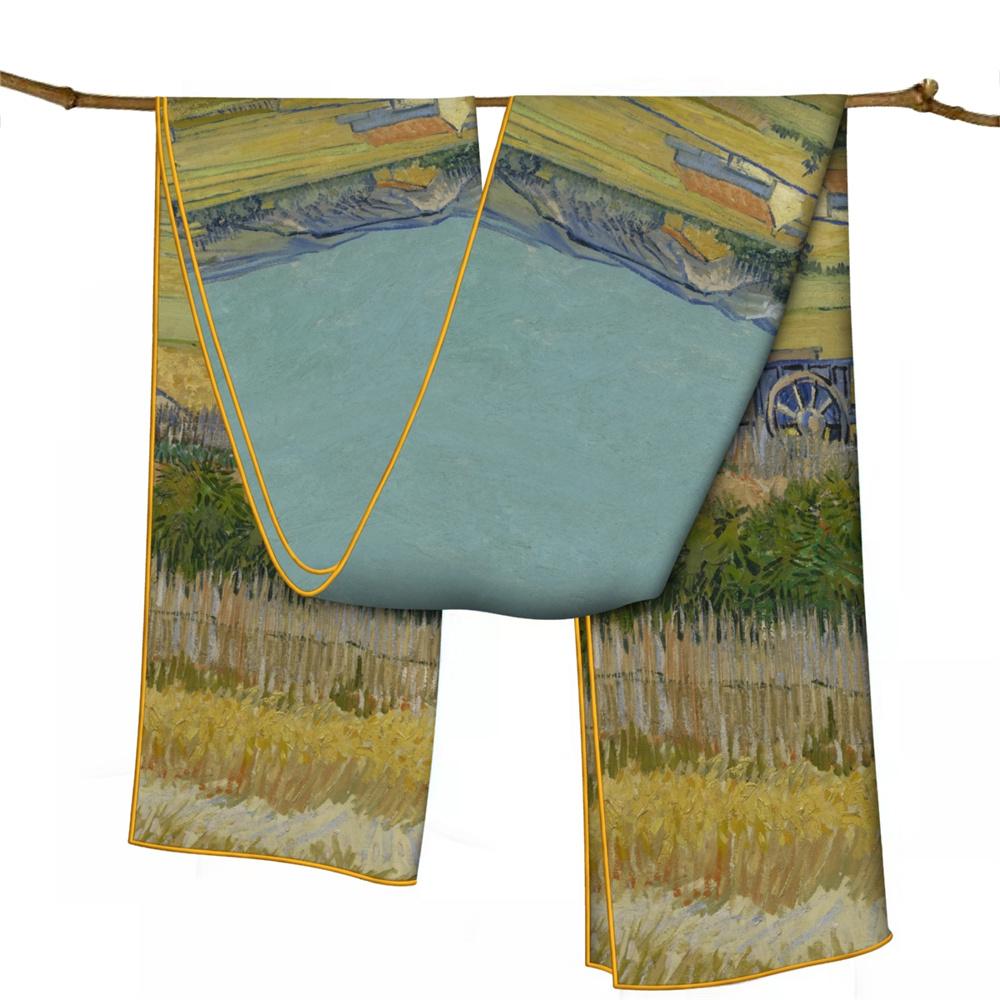 POBING Twill Silk Scarf Women Poncho Hand Rolled Luxury Oil Painting Long Scarves Wraps Bandana Big Shawl Hijabs Female Foulard