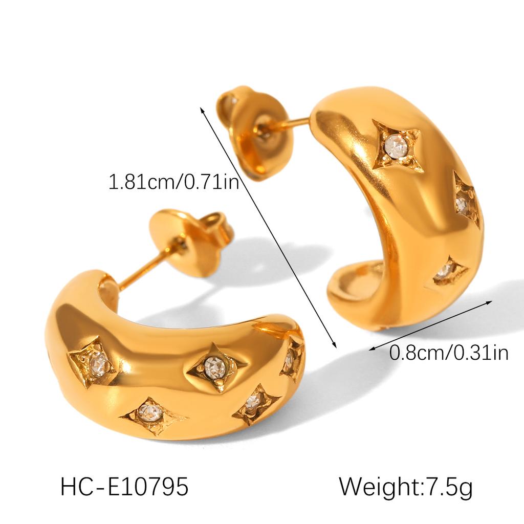 18K Gold C-shaped Stainless Steel Earrings with Zircon Inlay, Stylish Light Luxury Titanium Steel Ear Jewelry