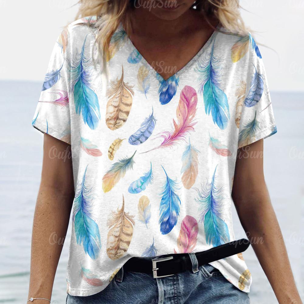 2024 New Women T-shirt Peacock Feather Print Plus Size Top Summer Women's Trend Clothing Fashion Short Sleeve Shirt V-Neck Tees