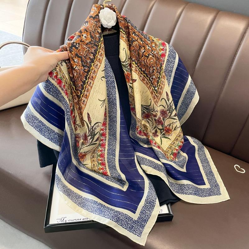 Spring and Autumn Silk Square Scarf Women's High-end Herringbone Mulberry Silk Scarf Elegant Versatile Big Shawl Thin Scarf
