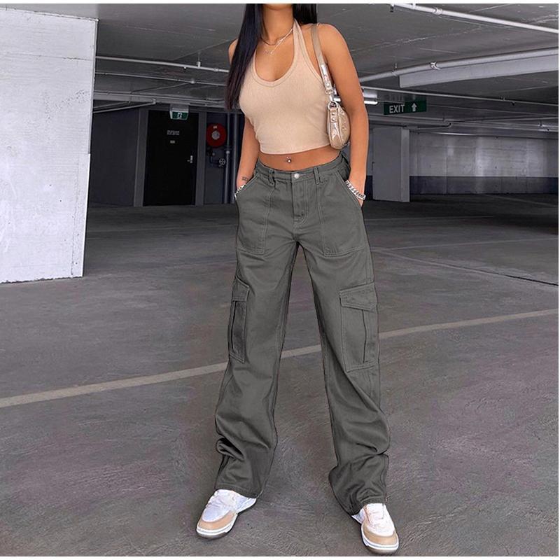 Women Cargo Pants High Waist Solid Color Loose Multi Pockets Full Length Soft Breathable Casual Streetwear Lady Denim Trousers
