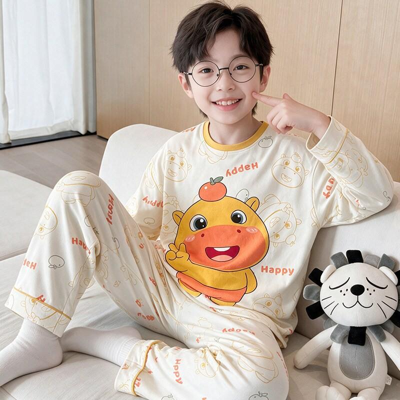 Boys Cotton Pajama Set Long Sleeve Thin Winter Sleepwear Kids 8 Years Cartoon Print Comfortable Home Wear