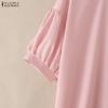 ZANZEA Women Stand Collar Summer Lace Splice Hem Loose Half Sleeve Dress