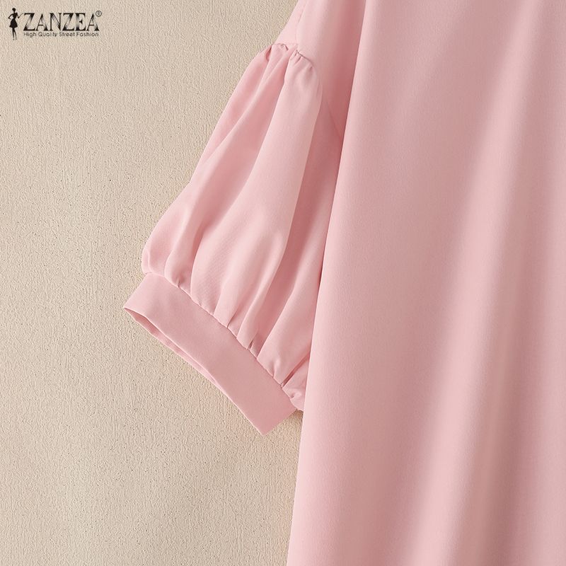 ZANZEA Women Stand Collar Summer Lace Splice Hem Loose Half Sleeve Dress