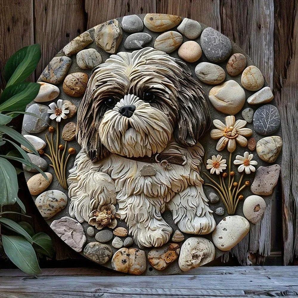 Shih Tzu Hund Metall Wandkunst Frühling Weihnachten Dekor Aluminium Schild Kranz Zuhause